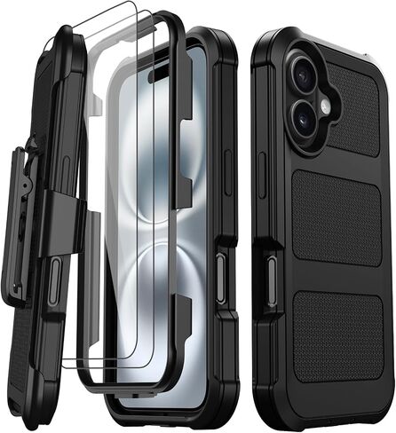 for iPhone 16 Plus Case with 2X Screen Protector + [Kickstand & Belt Clip Holster], Military-Grade Drop Protection Hard Bumper Heavy Duty Shockproof Phone Case for iPhone 16 Plus (Black) in Saudi Arabia