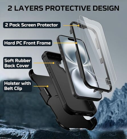 for iPhone 16 Plus Case with 2X Screen Protector + [Kickstand & Belt Clip Holster], Military-Grade Drop Protection Hard Bumper Heavy Duty Shockproof Phone Case for iPhone 16 Plus (Black) in Saudi Arabia