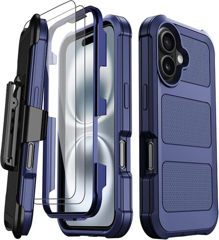 for iPhone 16 Plus Case with 2X Screen Protector + [Kickstand & Belt Clip Holster], Military-Grade Drop Protection Hard Bumper Heavy Duty Shockproof Phone Case for iPhone 16 Plus (Black) in Saudi Arabia