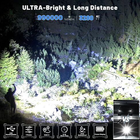 BERCOL Rechargeable Flashlights High Lumen, 990,000 Lumens Super Bright Magnetic Flash Light, 7 Modes with Cob Work Light, Powerful Led Flashlight with Holster for Camping, Emergencies, Home in Kuwait