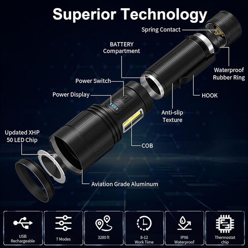 BERCOL Rechargeable Flashlights High Lumen, 990,000 Lumens Super Bright Magnetic Flash Light, 7 Modes with Cob Work Light, Powerful Led Flashlight with Holster for Camping, Emergencies, Home in Kuwait