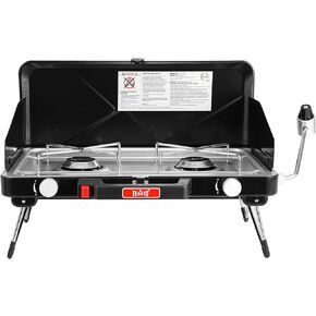 Camping Propane Stove, Portable Camping Grill Stove, Push-Button Ignition, Adjustable Windproof Burners, Wind Guards, Folding Legs, 28,000 BTU Camping Stove, Outdoor Camping Cooking, Picnic