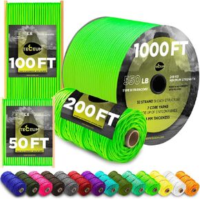 TECEUM Paracord Type III 550 Neon Green – 200 ft – 4mm – Tactical Rope MIL-SPEC – Outdoor para Cord –Camping Hiking Fishing Gear and Equipment – EDC Parachute Cord – Strong Survival Rope 462