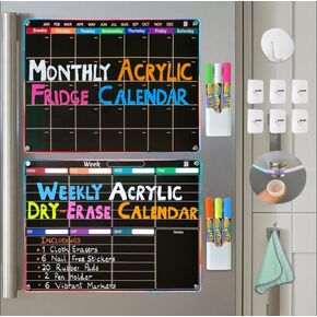 Black Fridge Calendar - Acrylic calendar for fridge - 2 PCS Magnetic calendar for refrigerator | Monthly Planner, Weekly Planner with Removable template, Clear Dry erase calendar for fridge