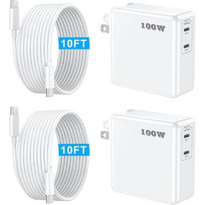MAC Book Pro Charger 100W USB C Charger Block Fast Charging Dual Ports 2Pack for MacBook Pro/Air 13 14 15 16 Inch ، iPad ، iPhone 16/15 Pro Max ، Samsung Galaxy USBC Device 10ft C to C Cable Cables