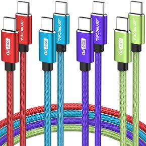 Bynccea USB C to USB C Cable 4-Pack 10ft C to C Cable Fast Charging C Cable, 60W(5A) Nylon Braided Type C Cables for Phone 16/15 Series Samsung S24/23