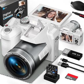 64MP 5K Digital Camera for Photography, Vlogging Cameras for YouTube with 3" Flip Screen,16X Digital Zoom, WiFi& Autofocus,2 Batteries, 32GB TF Card