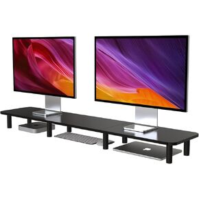 Dual Monitor Stand - 43.7 inch Extra Long Wide TV Stand - Wood & Steel Leg Desktop Riser - Desk Organization - Home Office (Vintage)