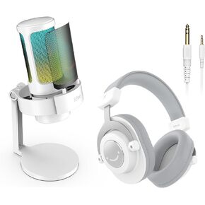 FIFINE USB Gaming Microphone Bundle with Headphones, RGB Condenser Mic with PC Wired Headset Kit for Streaming, Vocal, Recording with Headphones Monitoring, Gain Knob, Mute, Pop Filter (A8+H8 White)