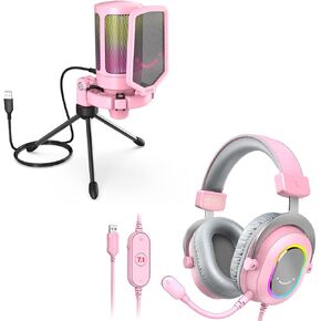 FIFINE Gaming PC Microphone and USB Wired Headset Bundle, Computer Over-Ear Headphone with Microphone Kit for Streaming, Game Voice, Condenser Mic for Desktop for YouTube Video (A6P+H6P)