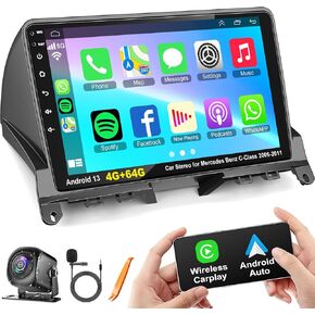 4G+64G Android 13 Car Radio Stereo with Wireless Carplay Android auto for Mercedes Benz C-Class C180 C200 C230 C250 C300 C350 W204 S204 2006-2011, 9'' QLED Touch Screen GPS WiFi 8 Core Head Unit