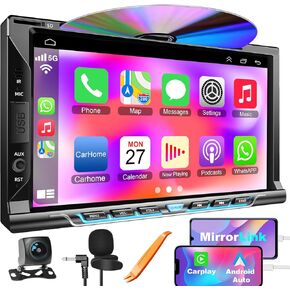 Double Din Car Radio with CD/DVD Player- Support CarPlay & Android Auto, 7 Inch Car Stereo with Bluetooth, Rear Camera, USB/TF/AUX, AM/FM Radio Receiver