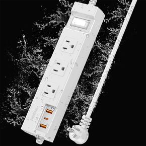 Outdoor Power Strip Weatherproof, Extension Cord Shockproof Outlet Extender, Waterproof Surge Protector 3 Wide Outlets USB Fast Charging 1875W Overload Protection Kitchen Christmas Lights (6FT White)