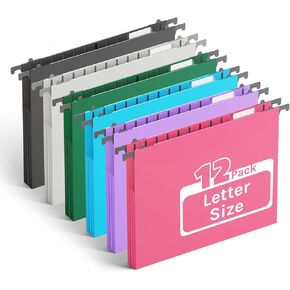 Ansook Extra Capacity Plastic Hanging File Folders,1" Expanding Accordian Pocket,Heavy Duty for Filing Cabinet, Hard and Durable Hang Folders,Insertable Tabs,Letter Size,Assorted Colors- 12 Pack