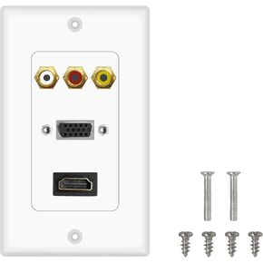 MEIRIYFA HDMI VGA RCA Wall Plate 3 Port Keystone Composite Video Audio Adapter Wall Outlet Jack Pass Through Panel 3 RCA +1 HDMI+1 VGA-White