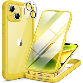 Miracase Glass Series Designed for iPhone 14 Case 6.1 inch, 2022 Upgrade Full-Body Clear Bumper Case with Built-in 9H Tempered Glass Screen Protector and Camera Lens Protector,Lemon