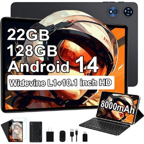 2025 Android 14 Tablet, 22GB RAM 128GB ROM 1TB Expand, 10 inch Octa-Core Tablets with Keyboard Mouse, 8000mAh Battery, HD IPS Display, 5G Wi-Fi, Bluetooth 5.0, GPS, Widevine L1 - Metal Black