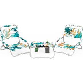#WEJOY 2 Pack Beach Chairs and Table Set Folding Low Beach Chairs for Adults Lightweight Outdoor Chair with Carry Bag for Lawn Camping Picnic Sports Cyan Orange Chair & Table Set