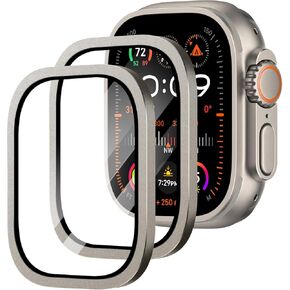 2 حزمة متوافقة مع Apple Watch Ultra/Ultra 2 حامي الشاشة 49 مم واضحة ، تغطية كاملة 9H Film Glass Protection Film مع إطار سبيكة التيتانيوم لـ IWatch Ultra 49mm-tittanium+Black