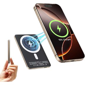 Portable Charger iPhone,5000mAh Power Bank, 0.3" Ultra Slim Charge Card Phone Charger, Wireless for Magsafe Portable Charger Power Bank for iPhone 16/15/14/13/12, Tech Gifts for Men,Black