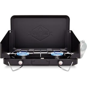 Hike Crew Gas Camping Stove | Portable Double Propane Burner | Built-in Carrying Handle, Foldable Legs & Wind Panels | Includes Regulator Tube