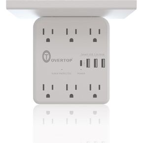 Power Charger Shelf, Wall Outlet Extender Surge Protector with 6 AC Outlets with 4 USB Ports(1 USB C) Plug Expander Charger Shelf with Storage for Home, Dorm