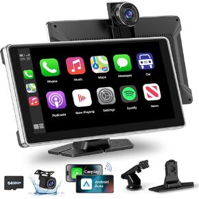 Carplay اللاسلكي مع كاميرا اندفاعة 4K ، شاشة Carplay المحمولة للسيارة ، Apple Carplay & Android Auto Car Satellite مع كاميرا احتياطية 1080 بكسل ، ملاحة GPS/رابط المرآة/التحكم الصوتي/Bluetooth