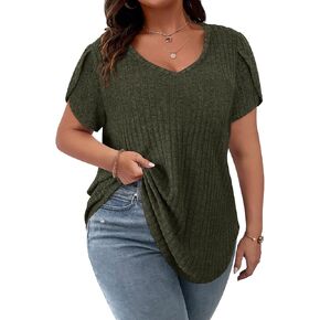 Zamowoty Plus Size Tops for Women 3/4 Roll Sleeve Shirts V Neck Zipper Solid Color Lightweight Blouses Tunic Top