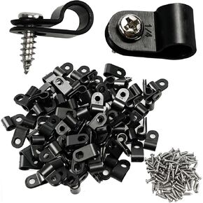 100PCS 1/4 Inch P-Style Rope Light Mounting Clips with Stainless Steel Screws, Black Plastic Cable Clips for Wire Management, Perfect for Indoor and Outdoor String Lights
