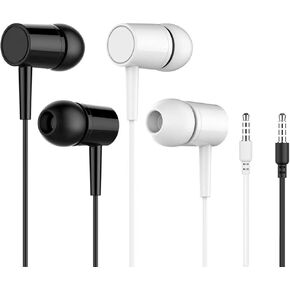 Wired Earbuds with Microphone, Noise-Isolating in-Ear Headphones for Running & Gym, Powerful Bass Stereo Earphones, Comfortable Ergonomic Design, Universal 3.5mm Jack (Black+White)