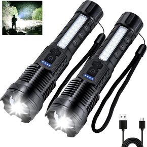 Lumens High Lumens قابلة لإعادة الشحن 2 حزمة ، 1،000،000 لاتينات فائقة السوبر LED LED مصباح يدوي قوي باليد مع 7 أوضاع ، ضوء الجانب الكوب ، USB C ، Zoomable ، مقاومة للماء لحالات الطوارئ