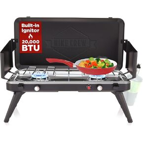 Hike Crew 2-in-1 Gas Camping Stove and Griddle | 20,000 BTU 2 Burner Propane Portable Stovetop w/Griddle Plate | Foldable Legs | Integrated Igniter w/Regulator | Wind Panels & Built-in Carry Handle