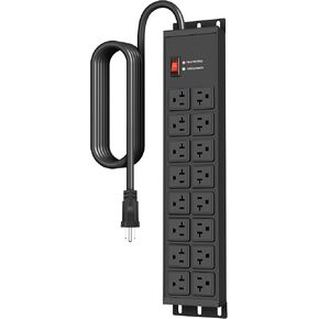 JUNNUJ Heavy Duty 20 Amp Power Strip 4800J, 16 Outlets 12 Gauge Garage Industrial Surge Protector, High Amp 5-15P Adapter Shop 6-20R T-Slot Metal Outlets, 6 FT Extension Cord Commercial for Appliance