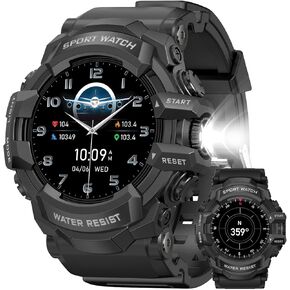 MIDDOW Military Smart Watch with Flashlight (Answer/Make Call) Compass, Heart Rate/Sleep/Sports Tracker, IP68 Waterproof, Long Battery Life, HD Screen, Android & iOS (Black)