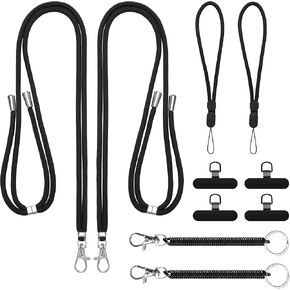 Phone Tether Tab, Phone Lanyard Tab Kits Includes 4×Stainless Steel Patches 2×Adjustable Lanyard 2×Wristlet 2×Retractable Spring Strap Compatible with Most Smartphone for Travel (Black)
