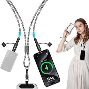 OUTXE Charging Lanyard for iPhone 15/16 Series, Adjustable Crossbody/Neck Phone Chain Wrist Cell Phone Strap Kit, 2 Pack Type C Cable Lanyard with 4 Patches - Grey