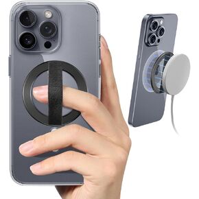 AirLoop Slim Phone Grip with Magnetic Holder & Soft Elastic Strap – Strong Adhesive for Secure One-Handed Operation, Lightweight & Ultra-Thin-Black