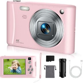 Upgrade Digital Camera FHD 1080P Kids Autofocus Selfie Point and Shoot Camera with 32GB SD Card & Tripod Mini MP3 Music Player Gift for Vlogging Photography Pink