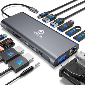 Laptop Docking Station Dual Monitor - 14-in-1 Triple Display with Dual 4K HDMI, VGA, Gigabit Ethernet, 10Gbps USB-C & USB-A, 100W PD, SD/TF, Mic/Audio – USB C Hub for MacBook/Dell/HP/Lenovo/Surface