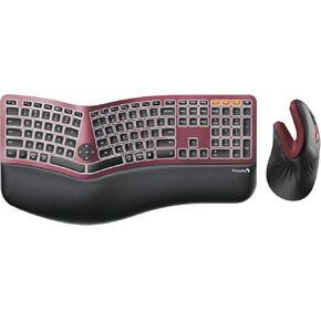 Backlit Wireless Full Size Ergonomic Keyboard Wine Red and Bluetooth Ergonomic Vertical Mouse Wine Red