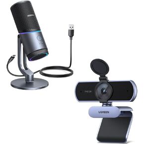 UGREEN 2K Webcam, Full HD 1080P Webcam for PC, Web Camera with Autofocus, Privacy Cover, Dual Noise Cancelling Mics Bundle with Microphone for PC, USB Mic with RGB Lights, Mute Button, 24bit/96kHz