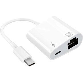 Type C to RJ45 Ethernet Adapter Network Adapter,2 in 1 USB C to RJ45 Portable LAN with Charging Port, Supports 10/100Mbps Ethernet Network, Compatible with iPhone 15/16/Android/Galaxy