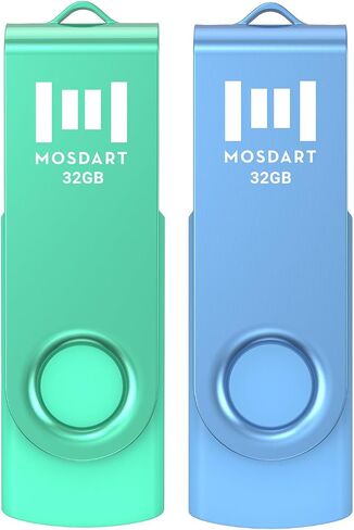 MOSDART 64GB Swivel USB 2.0 Flash Drive, Pack of 2，Green and Blue | With Rotating Clip Port Protection, an Attachable Keychain Loop, LED Light, exFat Format in Saudi Arabia