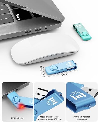 MOSDART 64GB Swivel USB 2.0 Flash Drive, Pack of 2，Green and Blue | With Rotating Clip Port Protection, an Attachable Keychain Loop, LED Light, exFat Format in Saudi Arabia