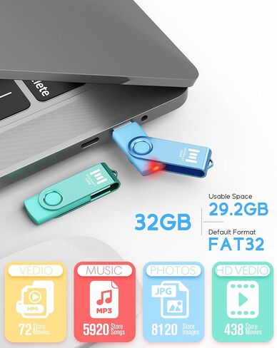 MOSDART 64GB Swivel USB 2.0 Flash Drive, Pack of 2，Green and Blue | With Rotating Clip Port Protection, an Attachable Keychain Loop, LED Light, exFat Format in Saudi Arabia