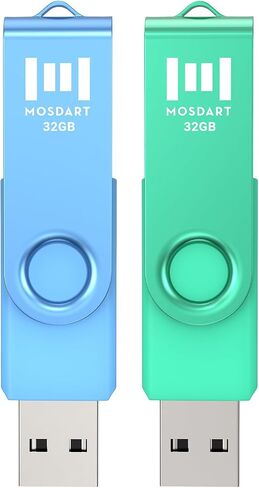 MOSDART 64GB Swivel USB 2.0 Flash Drive, Pack of 2，Green and Blue | With Rotating Clip Port Protection, an Attachable Keychain Loop, LED Light, exFat Format in Saudi Arabia