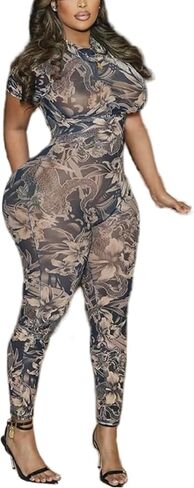 Women Sexy Bodycon Jumpsuit - See Through Mesh One Piece Party Club Outfit Summer Print Body Suit Backless Pantsuit in Kuwait