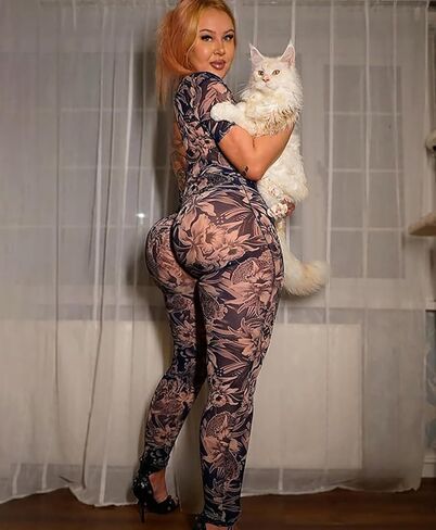 Women Sexy Bodycon Jumpsuit - See Through Mesh One Piece Party Club Outfit Summer Print Body Suit Backless Pantsuit in Kuwait