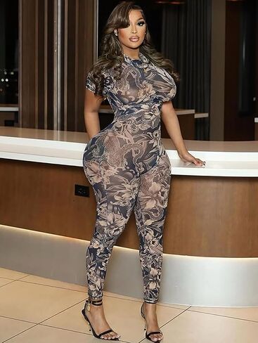 Women Sexy Bodycon Jumpsuit - See Through Mesh One Piece Party Club Outfit Summer Print Body Suit Backless Pantsuit in Kuwait
