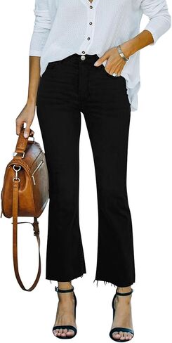 جينز متوهج للنساء جينز قصير قابل للتمدد متوسط ​​الارتفاع من الأسفل جينز نسائي قصير متوهج مع حاشية خام in Kuwait